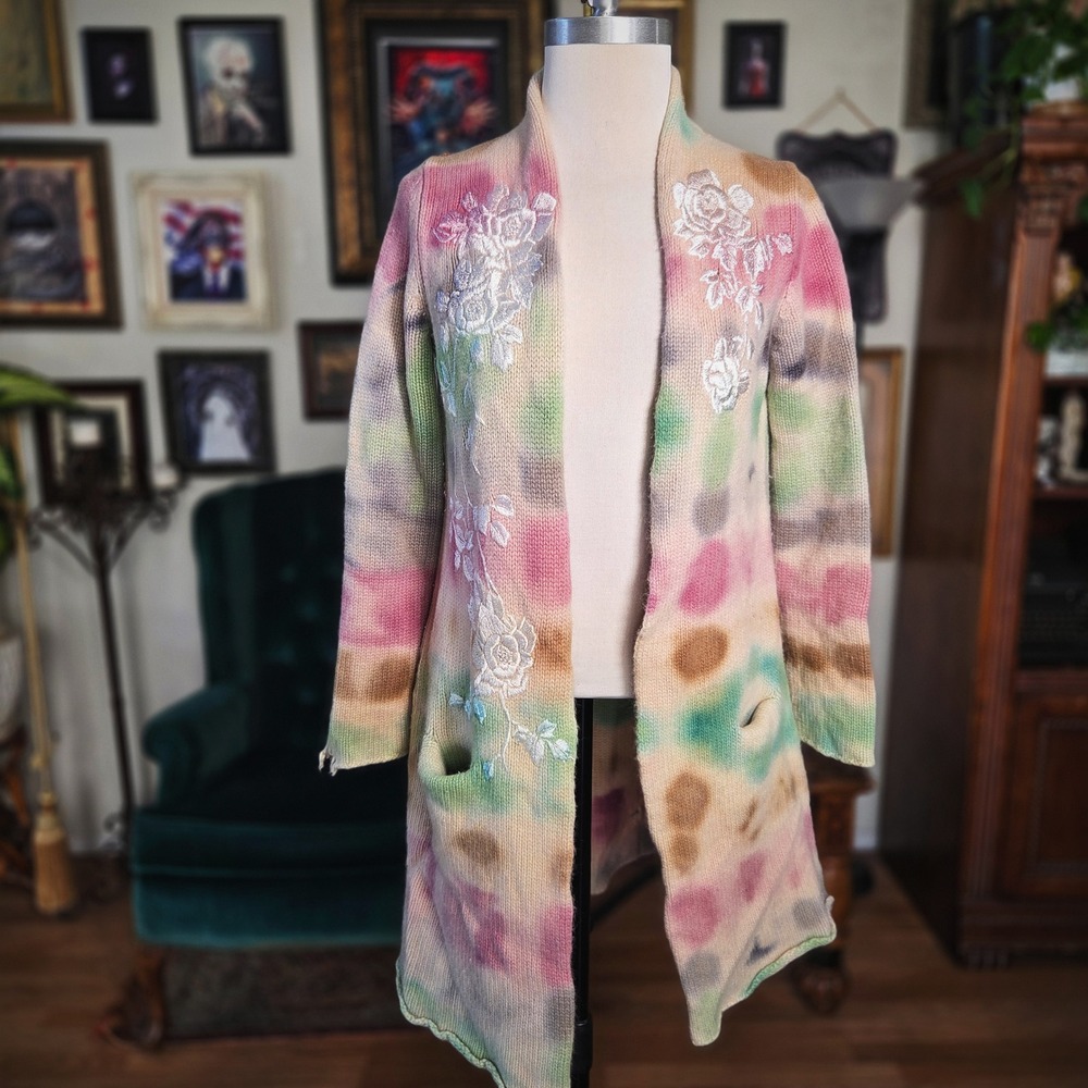 Cake Couture Cardigan 100% Cashmere Tie Dye Floral Embroidered Long Sweater M